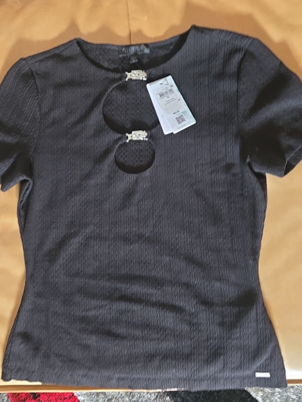 GUESS Black Short Sleeve Top with Cutout Ring Accents